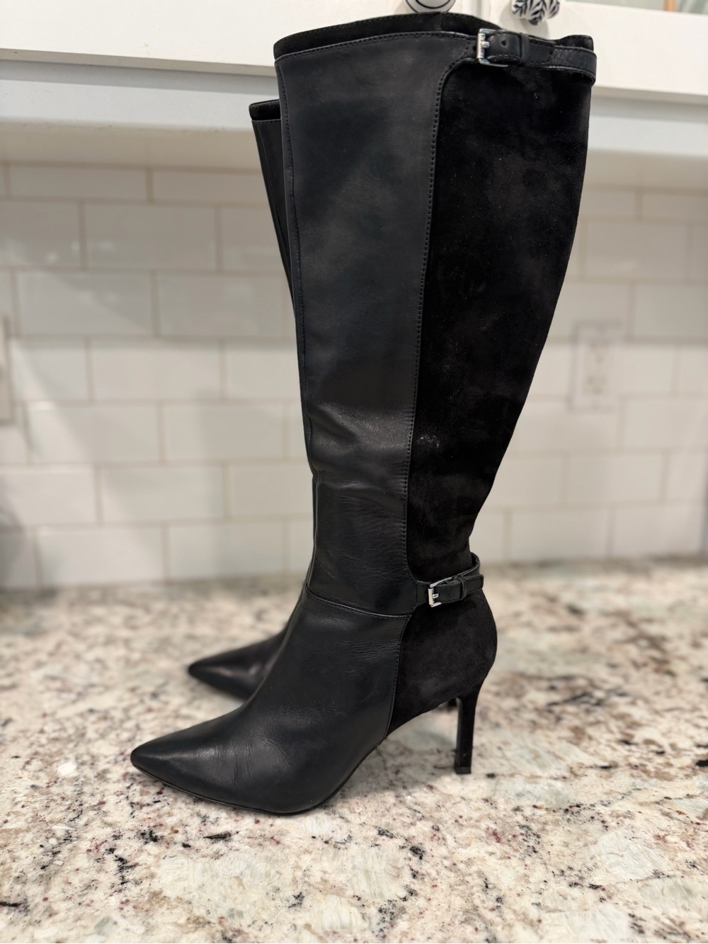 Ralph Lauren Black Leather and Suede Over-the-Knee Stiletto Boots - Picture 4 of 14